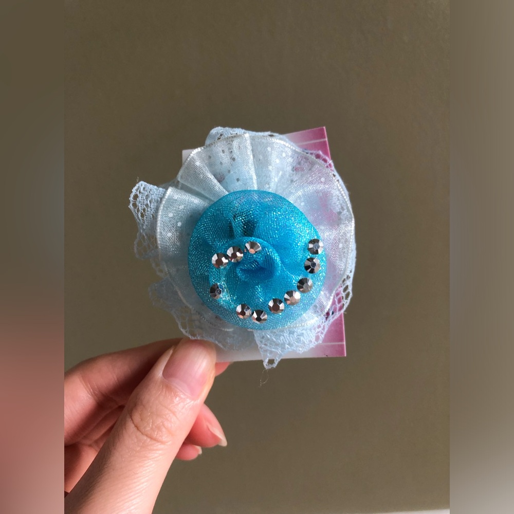 New Kids Girls Blue Lace Flower Hair Clip with Rhinestones Barrette hair slide